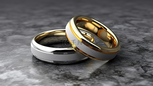交换戒指背景图片_灰色表面上白色和金色戒指的 3D 渲染