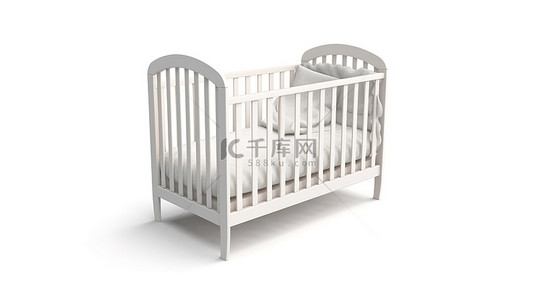 儿童景墙背景图片_白色背景婴儿床，带有 3D 渲染的剪切路径