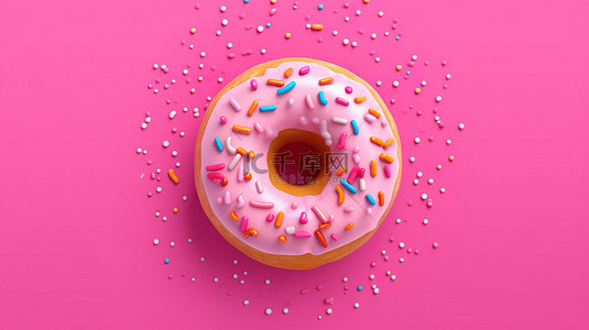 粉红色背景甜甜圈横幅，以 3D 渲染从上方查看冰镇美食