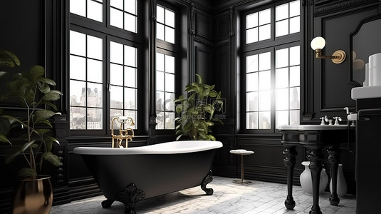 现代浴室和卫生间，带窗户，精致的 3D 设计