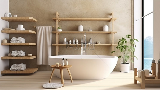 豪华浴室设有木制架子，配有浴缸配件和浴袍 3D 渲染