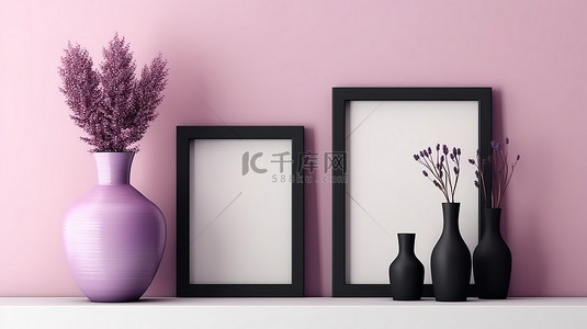 方形背景，带有靠在紫色架子上的空白黑色相框的 3D 插图