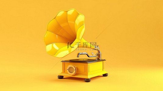 3D 渲染的留声机，在充满活力的黄色背景上带有白色气泡