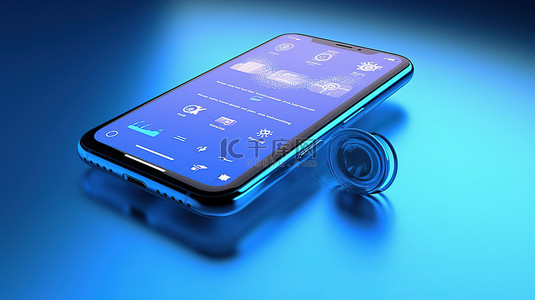 带有音乐小部件和内置扬声器的蓝色手机的 3D 渲染，可提供身临其境的音频体验