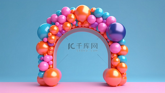 橙色气球背景图片_蓝色背景下门户设计中粉红色蓝色和橙色气球的 3D 渲染弧