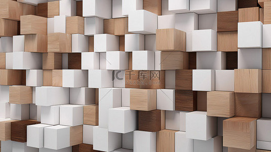 当代长立方体堆叠墙纹理设计背景，采用 3D 透视渲染的最小白色和棕色木材