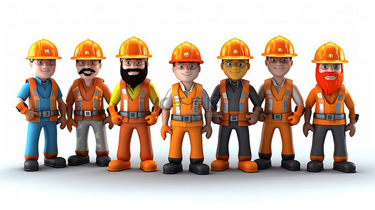 施工人员穿着安全服的建筑商在工业环境中一起工作 3D 卡通插图