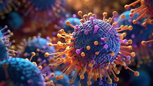 通过显微镜看到的冠状病毒细胞的 3D 插图