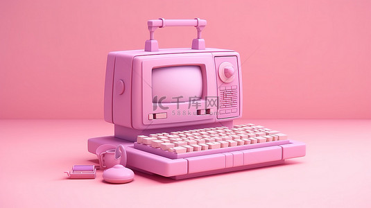 复古键盘背景图片_可爱的卡通复古电脑，用粉红色调色板以 3D 渲染