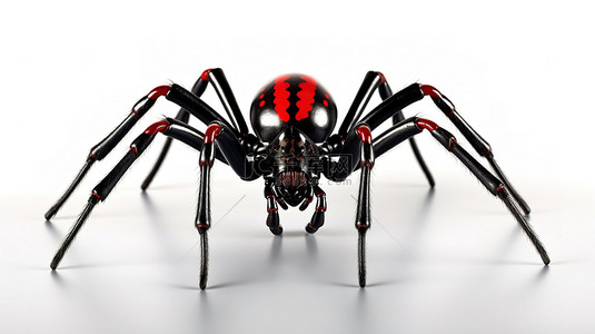黑色的皮肤背景图片_令人毛骨悚然的蜘蛛，一只带有红色皮肤口音的黑色蜘蛛，非常适合恐怖和万圣节主题 3D 插图前视图