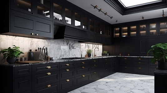 时尚精致背景图片_带黑色抽屉的时尚精致厨房 3d 室内设计渲染