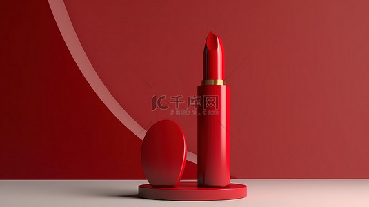女性美容海报背景图片_提升奢华的红色抽象 3D 设计搭配令人惊叹的女性口红包装