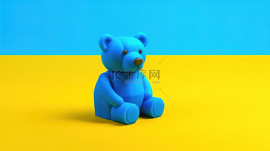 卡通玩具熊背景图片_蓝色玩具熊躺在黄色表面上的 3D 渲染