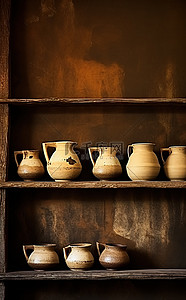 一个棕色的架子，旁边有一些陶器