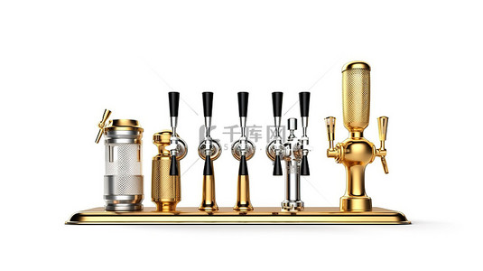 金色啤酒塔泵在白色背景上隔离的酒吧设备的 3D 插图