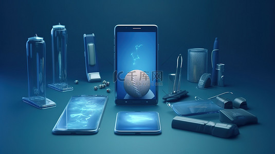 板球场 3D 渲染，带有锦标赛装备和蓝色背景下的手机图形