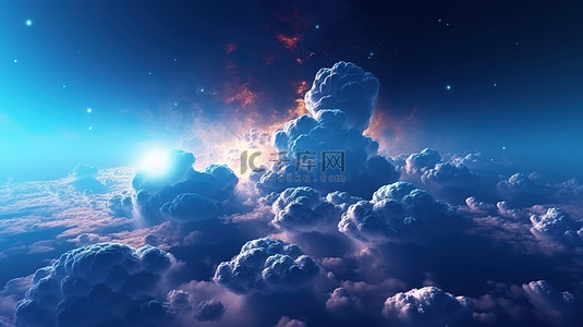 蓝色黑夜背景图片_3d 渲染的空间中的蓝色云景