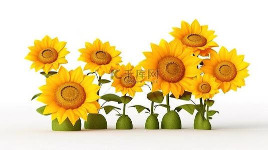 花朵黄色背景图片_白色背景下亮黄色向日葵的 3D 插图