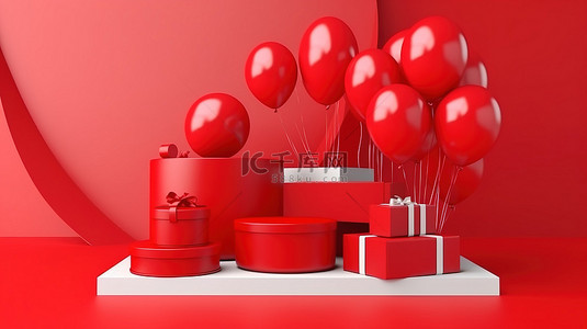 令人惊叹的 3D 渲染充满活力的红色气球礼品盒和引人注目的产品展示台