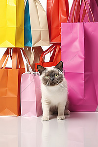 一只猫站在彩色购物袋下