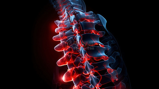 代表背部问题的脊柱中红色碎片椎骨的概念 3D 渲染
