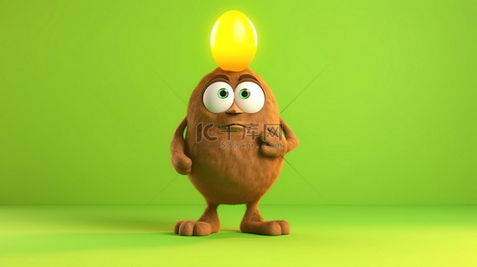黄色背景上闪烁的交通绿灯的 3D 渲染，带有棕色鸡蛋角色吉祥物