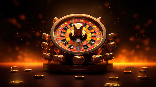 3d 轮盘赌轮，橙色霓虹灯金币和巧克力背景