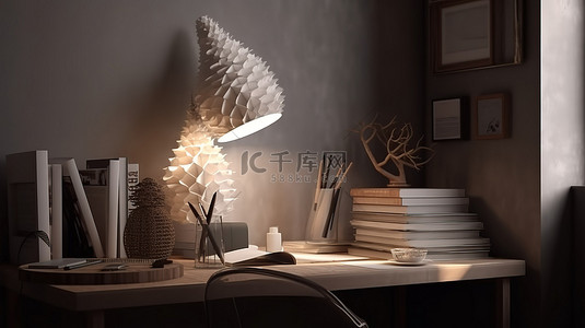 家庭办公室天堂 3D 渲染阅读角，配有灯书和装饰品