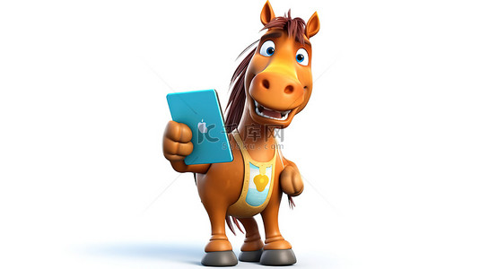 动物马人物背景图片_手里拿着平板电脑的搞笑 3D 马雕像