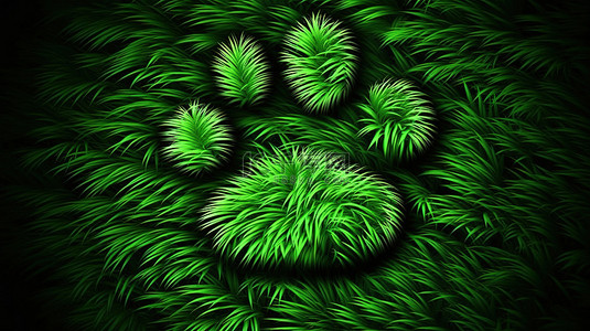 绿草剪影动物脚印的 3d 插图