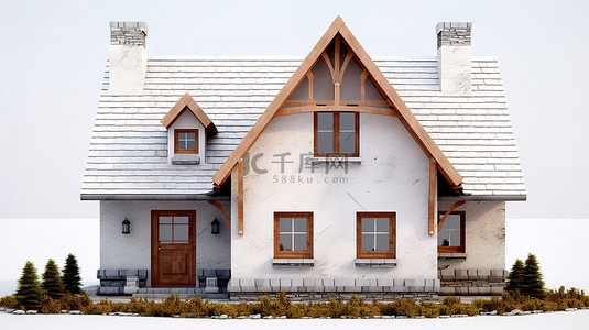 适合家庭居住的现代白砖小屋，在干净的白色背景 3D 渲染上采用粘土风格装饰