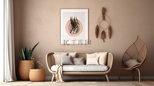 家居风格海报背景图片_波西米亚风格的室内样机海报 3D 渲染和插图