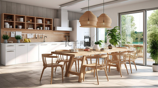 波西米亚斯堪的纳维亚厨房和餐厅采用现代室内设计