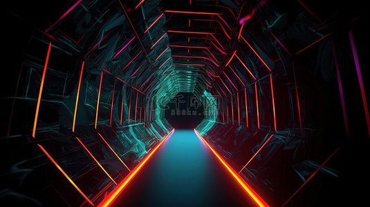 彩色霓虹灯照明在带有圆孔和发光三角形线的黑暗隧道中的 3D 抽象插图