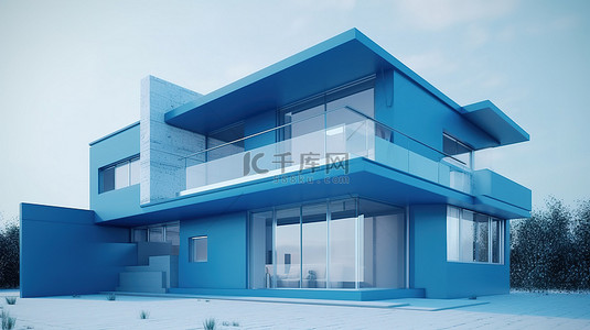 使用 3D 技术以冷蓝色调呈现的时尚现代住宅
