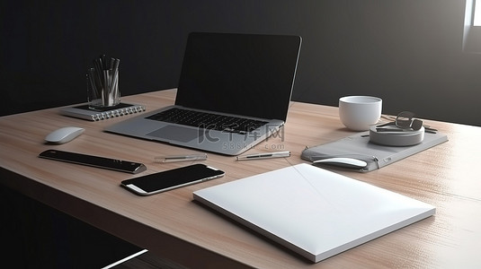 现代笔记本电脑模型显示在 3d 渲染的办公桌上