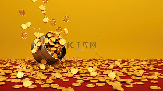 新年灯笼金色背景图片_金色中国新年横幅与 3D 渲染落下的硬币