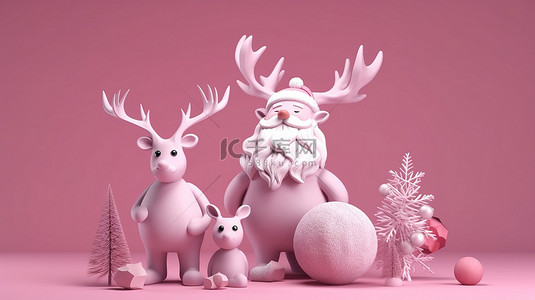 圣诞场景圣诞老人和驯鹿在粉红色背景中装饰着 3d 装饰