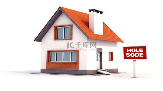 简约广告牌背景图片_待售房地产标志，以 3D 呈现的白色背景上的简约住宅为特色