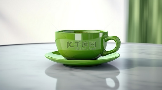 浅色背景的 3D 渲染，带有绿茶装满的杯子