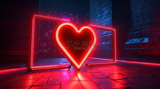霓虹灯发光板上的红心的 3D 插图，箭头穿过它，反光背景非常适合情人节概念