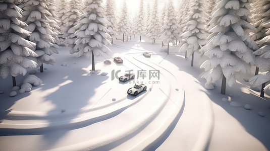 两个儿童在白雪皑皑的森林赛道上比赛玩具车 3d 渲染