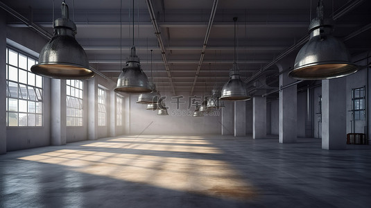 现代的空仓库背景图片_吊灯在 3D 渲染中照亮空荡荡的工厂内部
