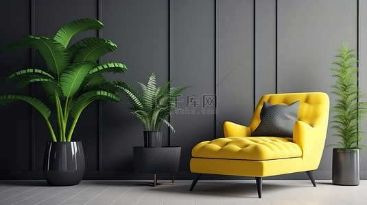 连体坐垫背景图片_黄色躺椅和绿色坐垫凳与灰色内饰相得益彰，带有一丝自然的3D渲染效果