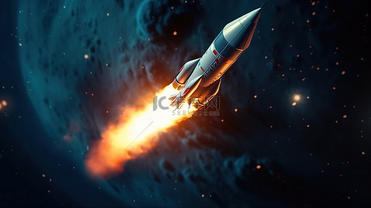 卡通火箭太空背景图片_航天器翱翔外层空间 3D 渲染的抽象描绘