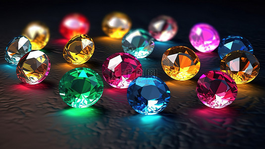 黑色背景下彩色钻石的充满活力的圆形珠宝 3D 渲染