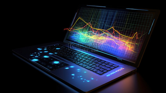 3D 渲染笔记本和图表说明在线交易市场数据和股票分析