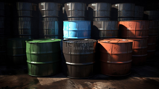 桶背景图片_背景设置中 3D 渲染油桶的全景特写
