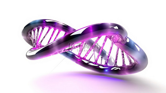 白色背景上孤立的紫色螺旋 DNA 的 3D 渲染