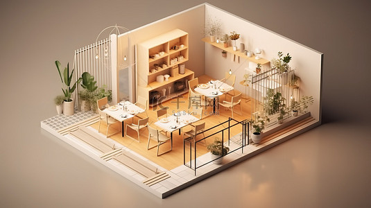 极简主义阁楼咖啡馆，采用等距室内设计，开放式概念店以 3D 渲染，配有桌椅